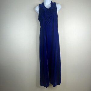 Vintage 70s Romantic Velvet Evening Gown 10 Dark Blue Ruffle Empire Formal Dress
